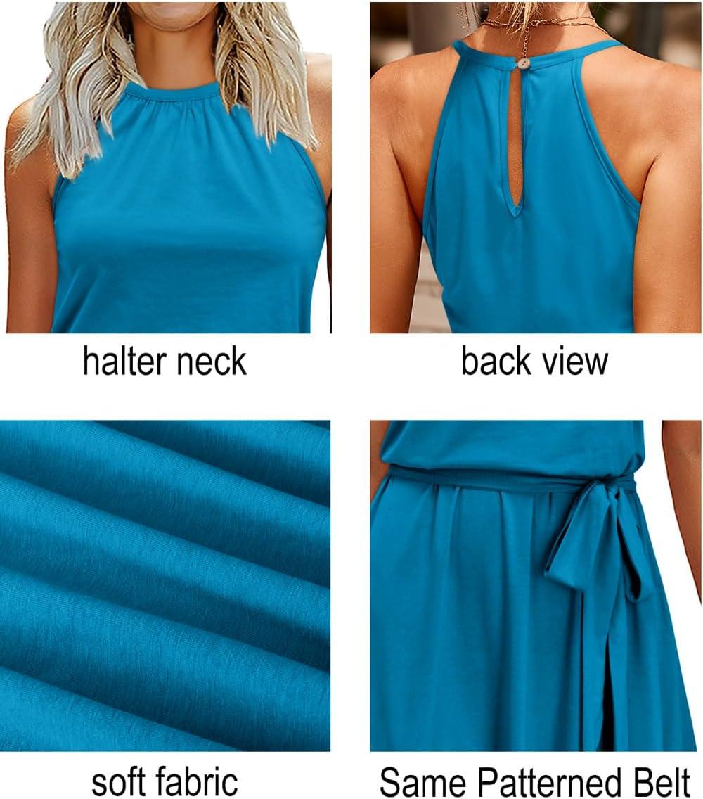 image:imageNewshows Womens 2026 Summer Dress Halter Wedding Guest Casual Beach Vacation Outfits Belted Sundresses with PocketsLake Blue