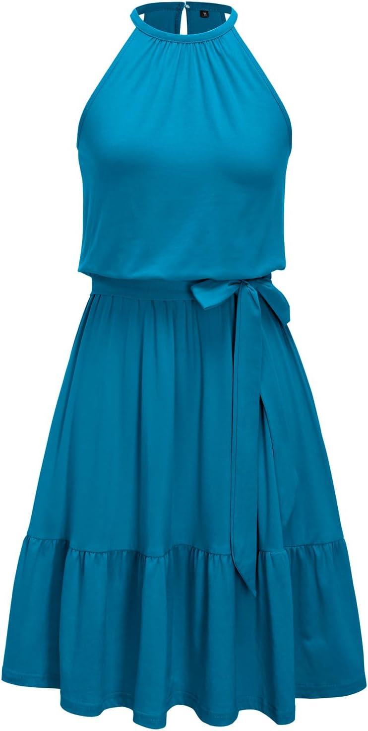 image:imageNewshows Womens 2026 Summer Dress Halter Wedding Guest Casual Beach Vacation Outfits Belted Sundresses with PocketsLake Blue