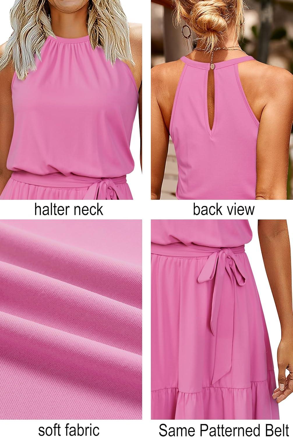 image:imageNewshows Womens 2026 Summer Dress Halter Wedding Guest Casual Beach Vacation Outfits Belted Sundresses with PocketsLight Pink