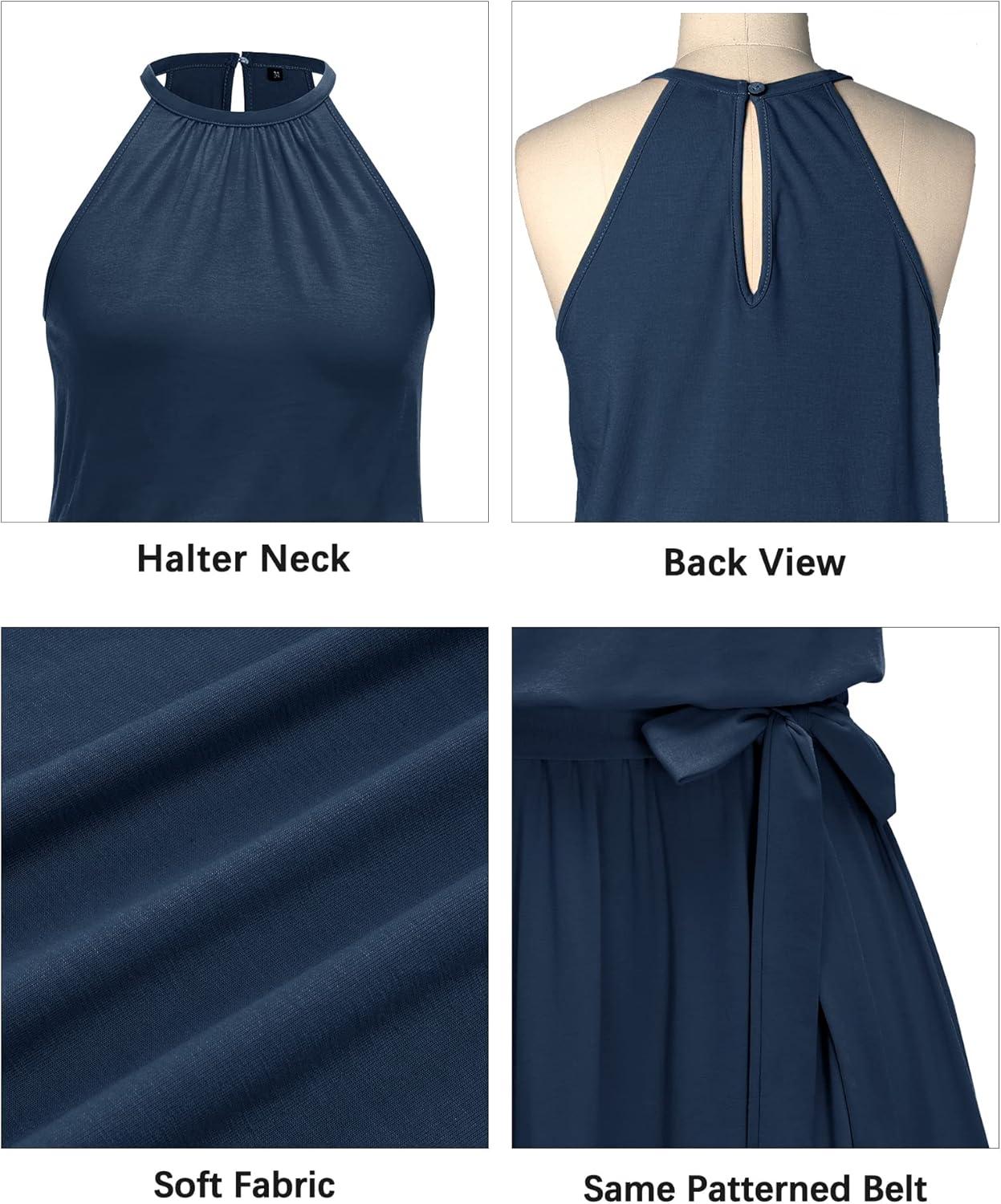 image:imageNewshows Womens 2026 Summer Dress Halter Wedding Guest Casual Beach Vacation Outfits Belted Sundresses with PocketsNavy Blue