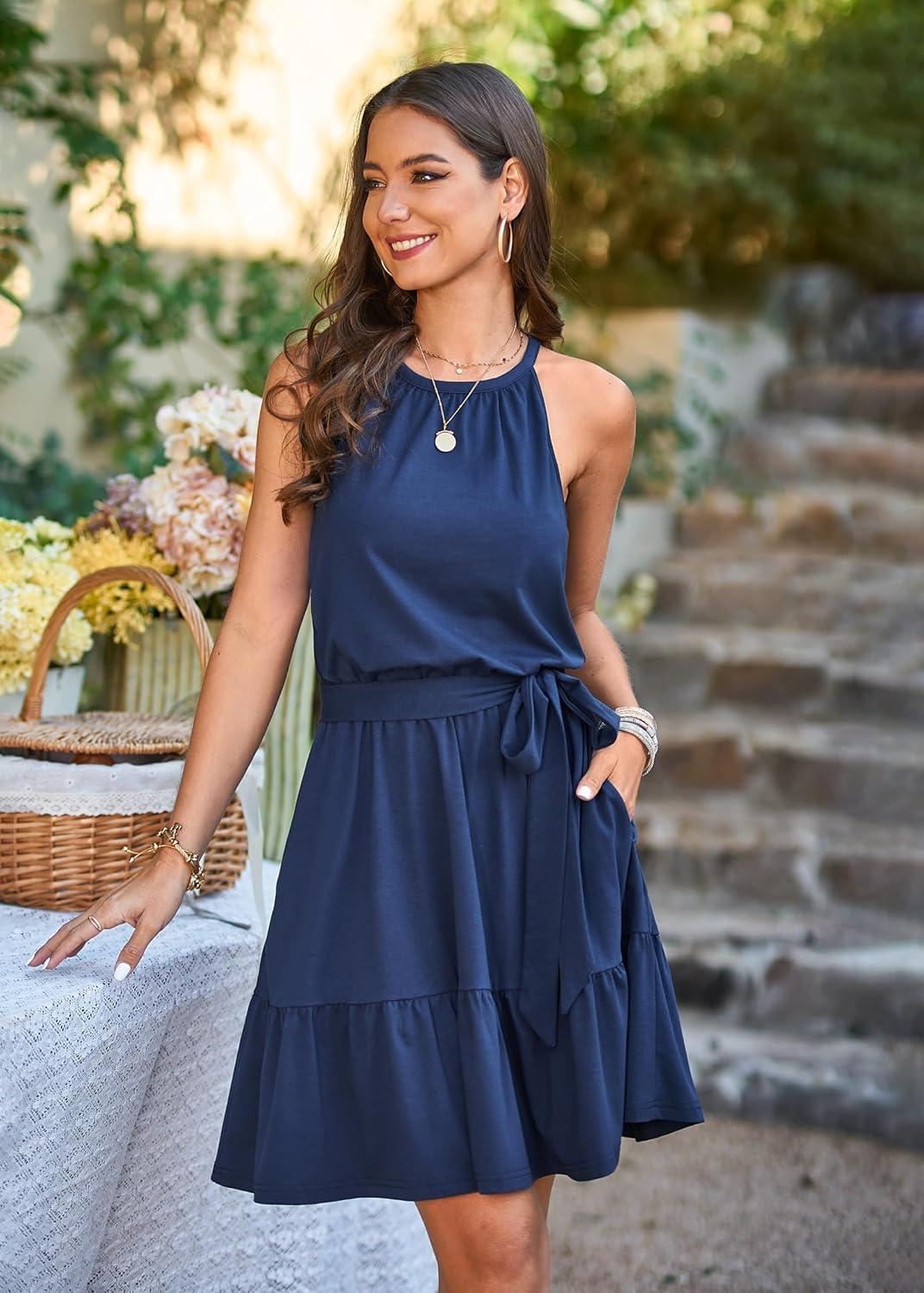 image:imageNewshows Womens 2026 Summer Dress Halter Wedding Guest Casual Beach Vacation Outfits Belted Sundresses with PocketsNavy Blue