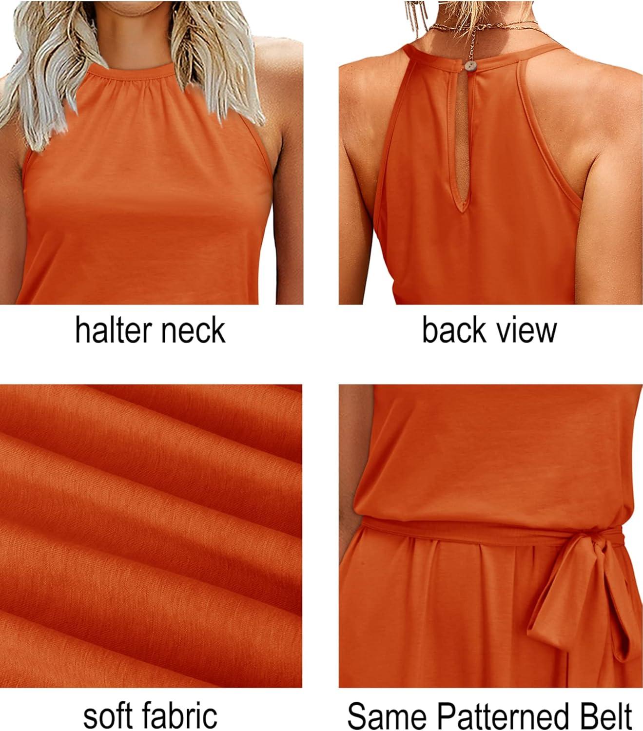 image:imageNewshows Womens 2026 Summer Dress Halter Wedding Guest Casual Beach Vacation Outfits Belted Sundresses with PocketsOrange