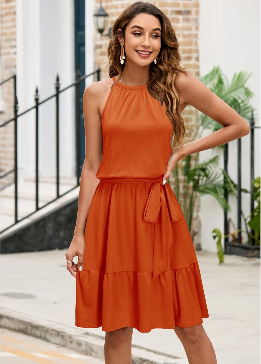 image:imageNewshows Womens 2026 Summer Dress Halter Wedding Guest Casual Beach Vacation Outfits Belted Sundresses with PocketsOrange
