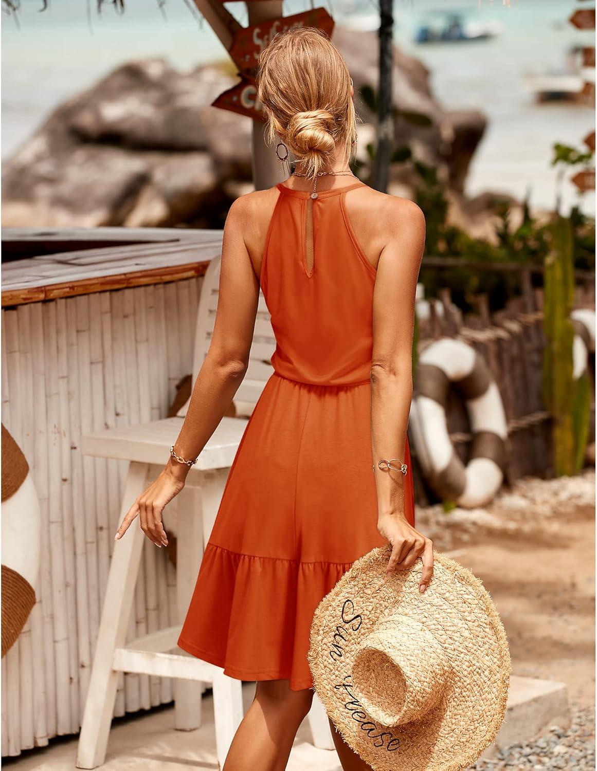image:imageNewshows Womens 2026 Summer Dress Halter Wedding Guest Casual Beach Vacation Outfits Belted Sundresses with PocketsOrange