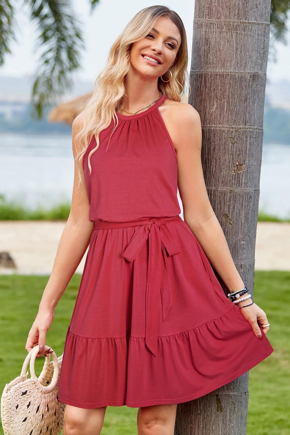 image:imageNewshows Womens 2026 Summer Dress Halter Wedding Guest Casual Beach Vacation Outfits Belted Sundresses with PocketsPeach
