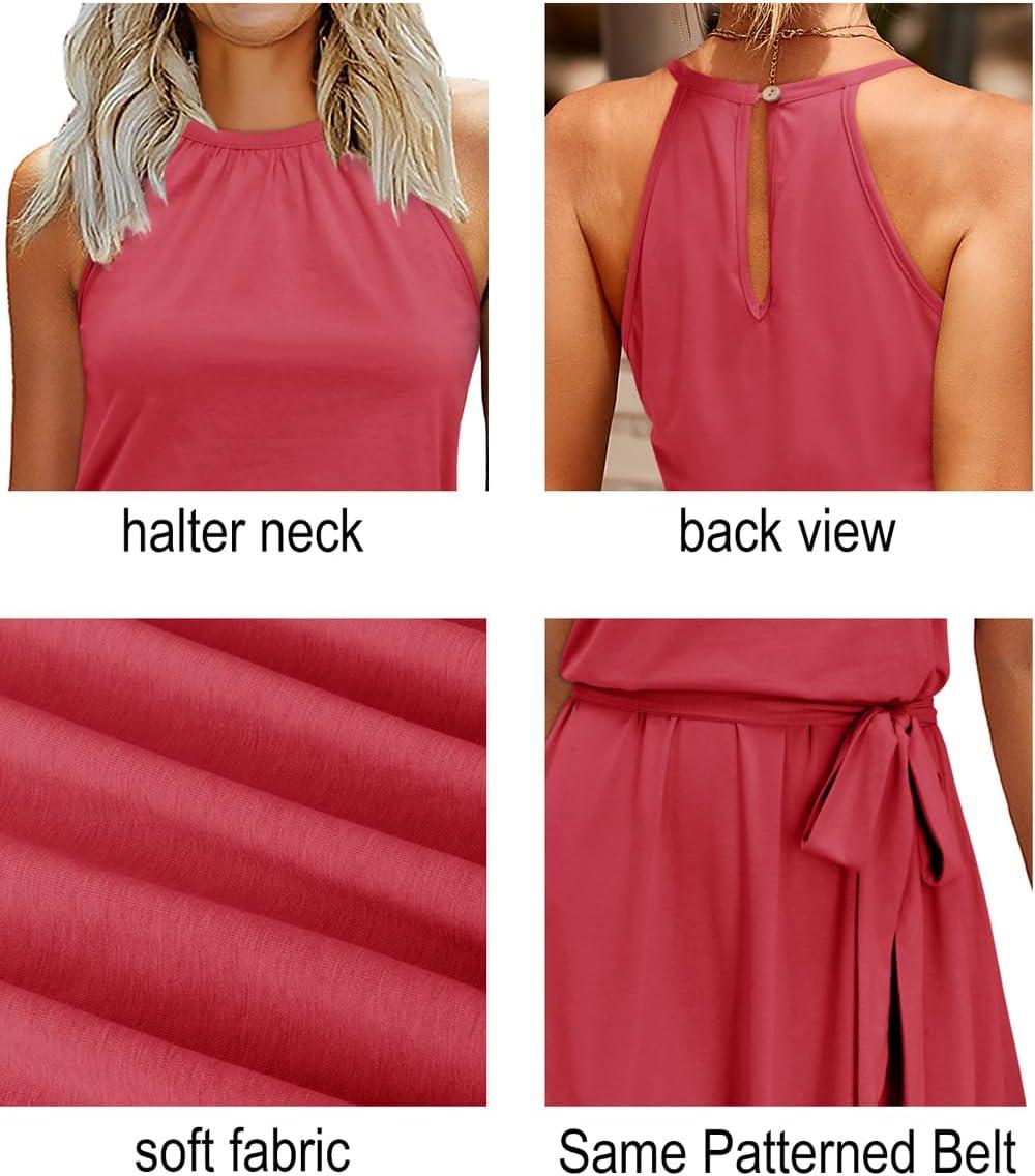 image:imageNewshows Womens 2026 Summer Dress Halter Wedding Guest Casual Beach Vacation Outfits Belted Sundresses with PocketsPeach