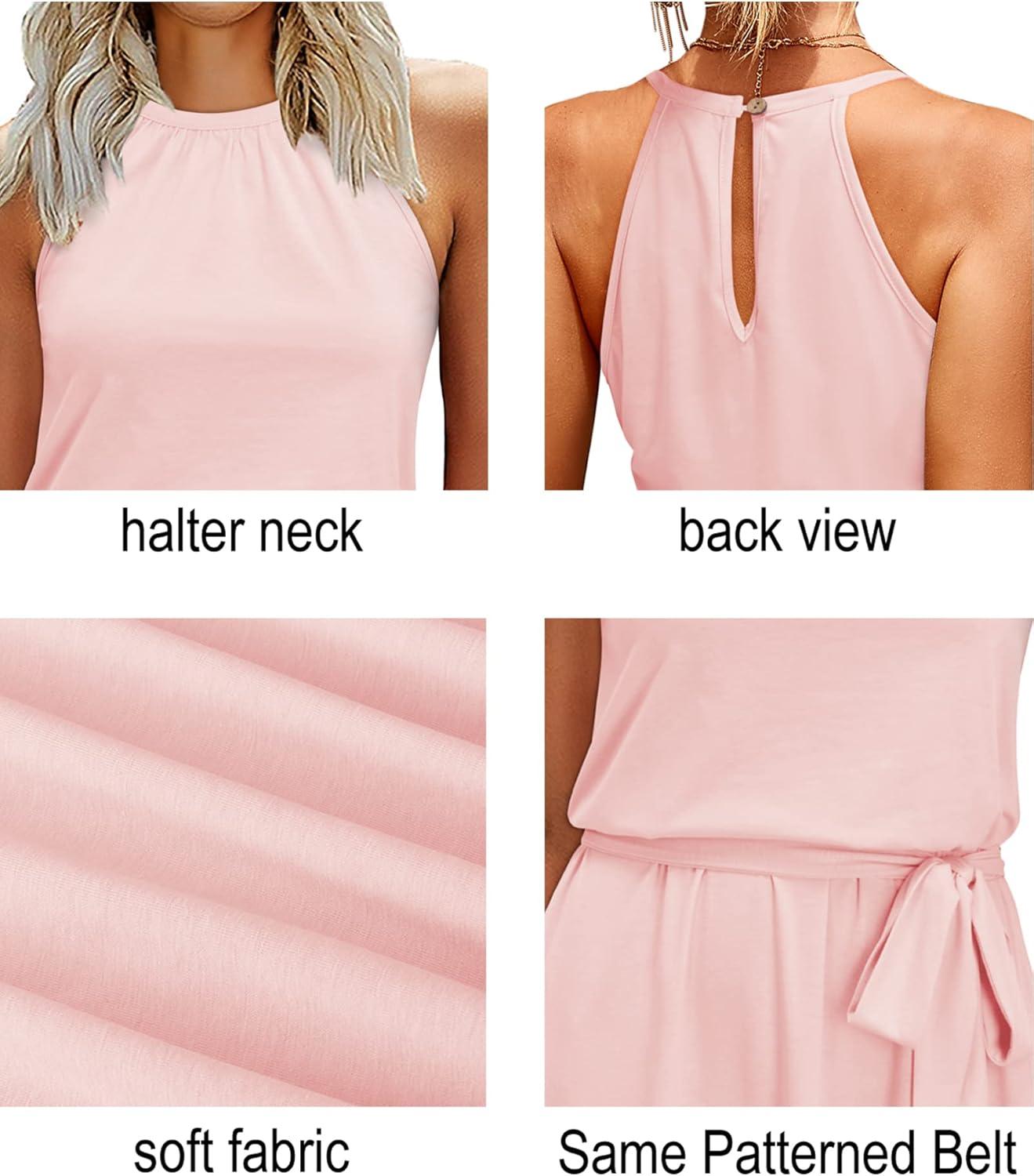 image:imageNewshows Womens 2026 Summer Dress Halter Wedding Guest Casual Beach Vacation Outfits Belted Sundresses with PocketsPink