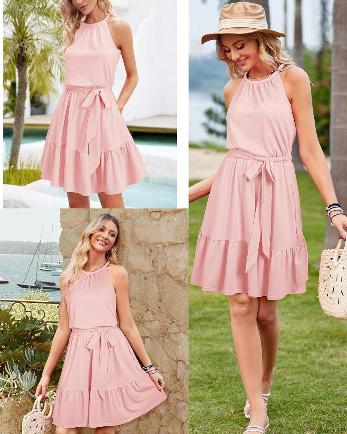 image:imageNewshows Womens 2026 Summer Dress Halter Wedding Guest Casual Beach Vacation Outfits Belted Sundresses with PocketsPink