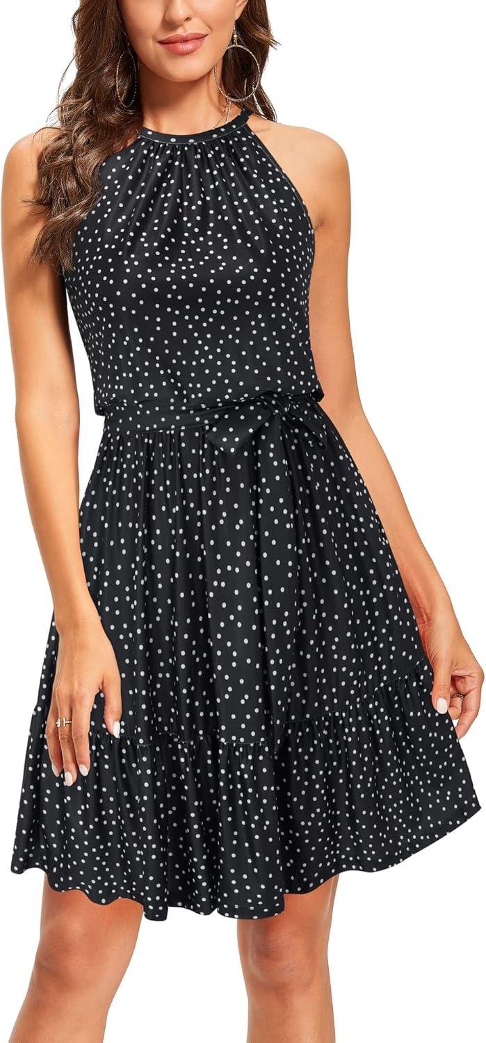 image:imageNewshows Womens 2026 Summer Dress Halter Wedding Guest Casual Beach Vacation Outfits Belted Sundresses with PocketsPolka Dotblack