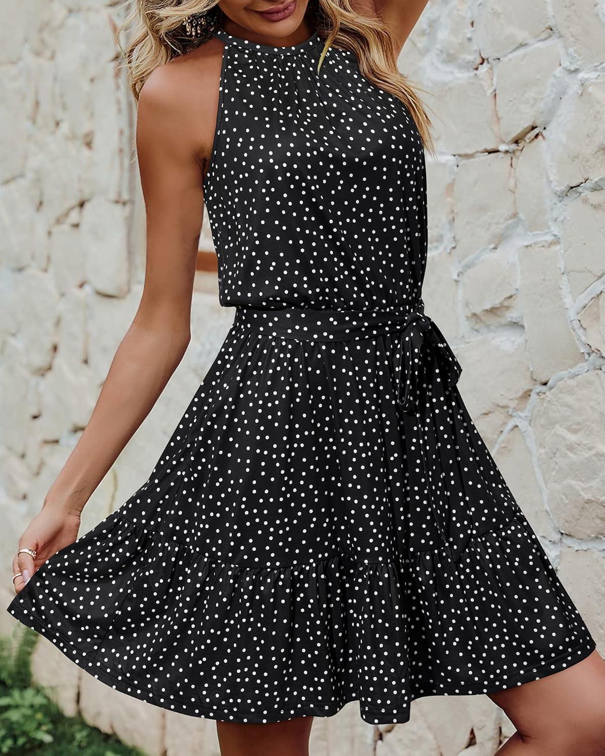 image:imageNewshows Womens 2026 Summer Dress Halter Wedding Guest Casual Beach Vacation Outfits Belted Sundresses with PocketsPolka Dotblack