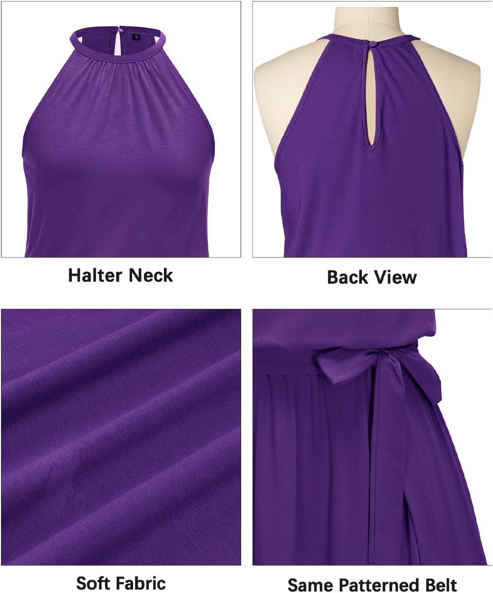 image:imageNewshows Womens 2026 Summer Dress Halter Wedding Guest Casual Beach Vacation Outfits Belted Sundresses with PocketsPurple