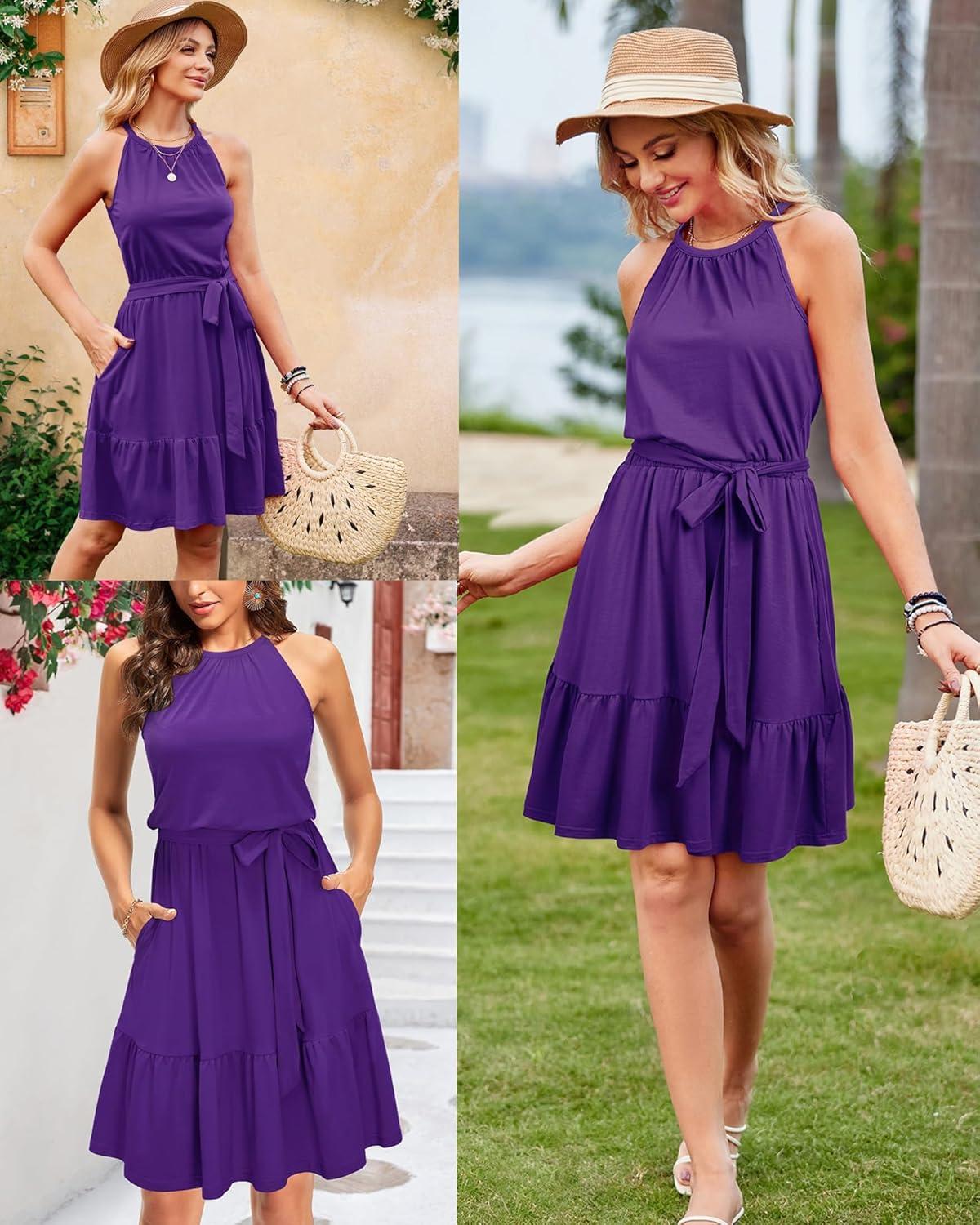 image:imageNewshows Womens 2026 Summer Dress Halter Wedding Guest Casual Beach Vacation Outfits Belted Sundresses with PocketsPurple