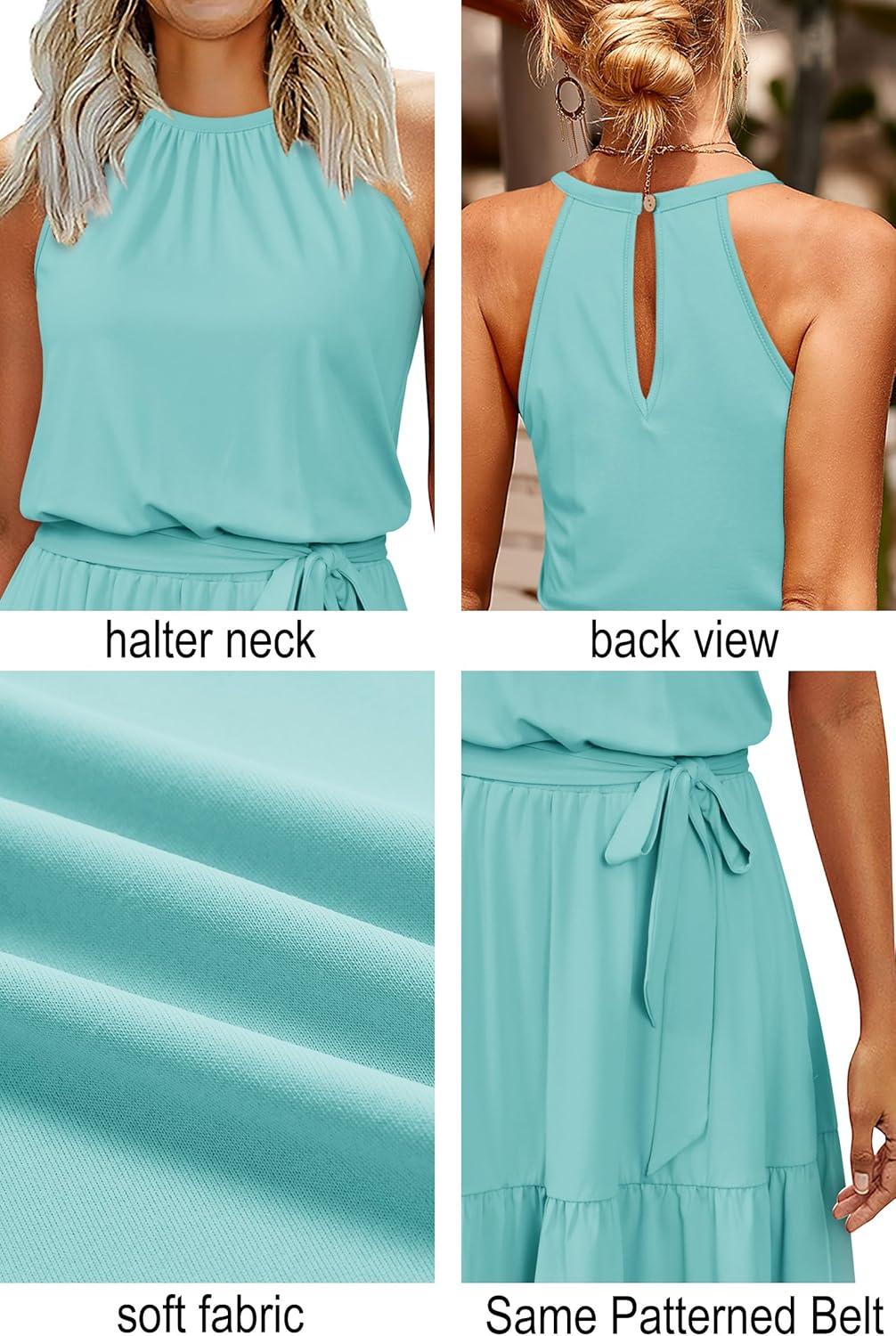 image:imageNewshows Womens 2026 Summer Dress Halter Wedding Guest Casual Beach Vacation Outfits Belted Sundresses with PocketsSky Blue