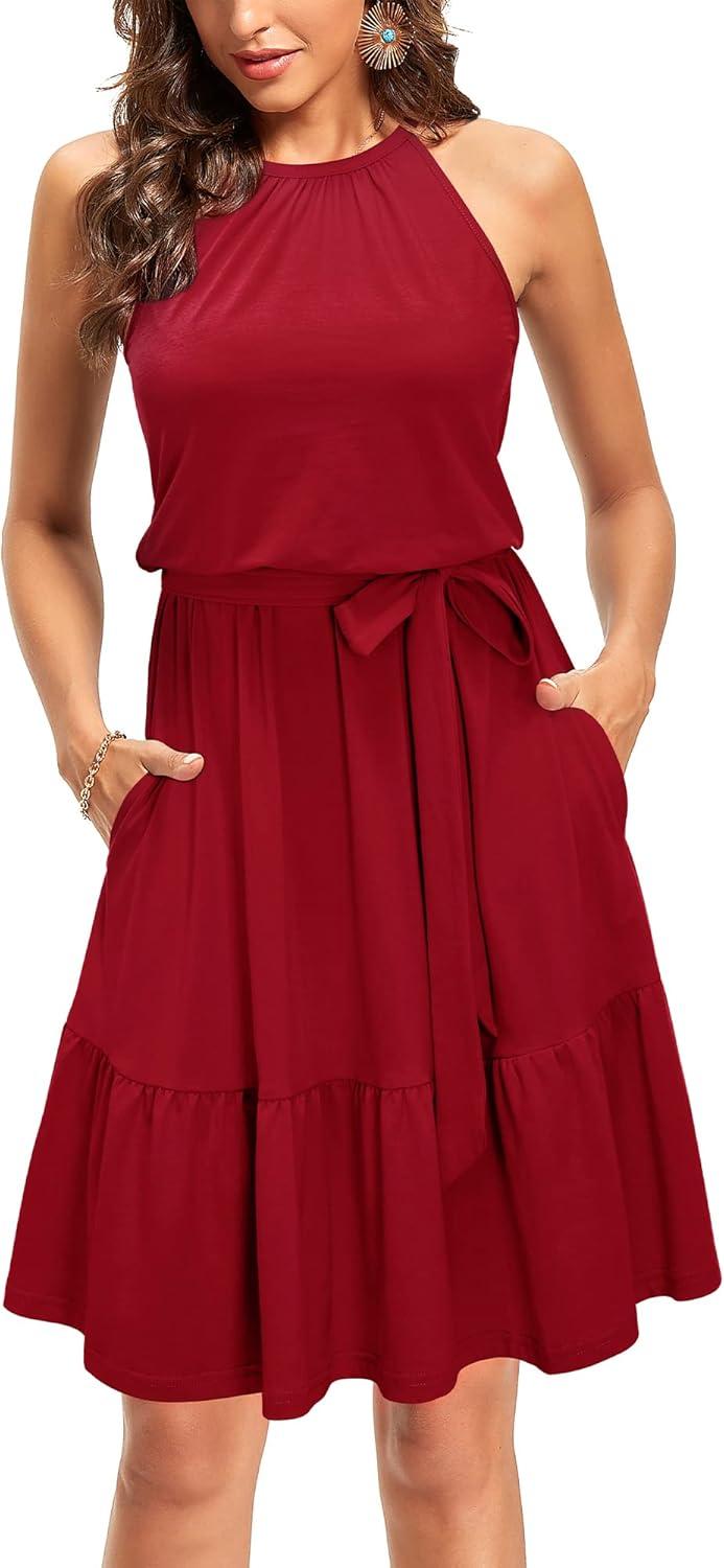 image:imageNewshows Womens 2026 Summer Dress Halter Wedding Guest Casual Beach Vacation Outfits Belted Sundresses with PocketsWine Red