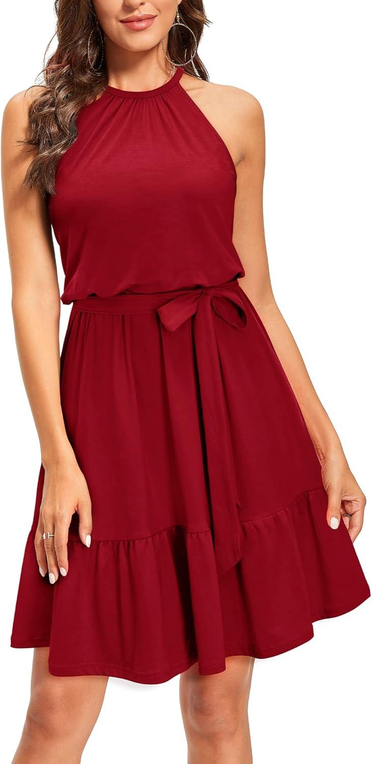image:imageNewshows Womens 2026 Summer Dress Halter Wedding Guest Casual Beach Vacation Outfits Belted Sundresses with PocketsWine Red