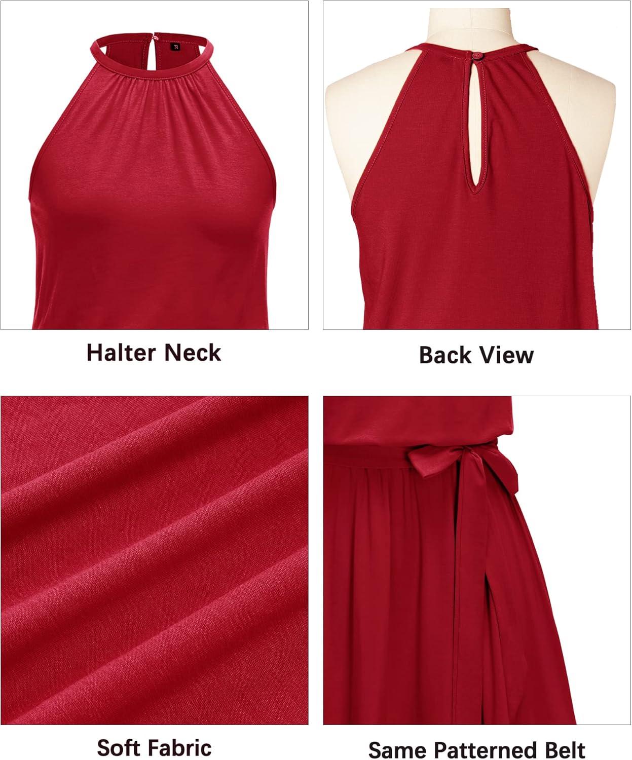 image:imageNewshows Womens 2026 Summer Dress Halter Wedding Guest Casual Beach Vacation Outfits Belted Sundresses with PocketsWine Red
