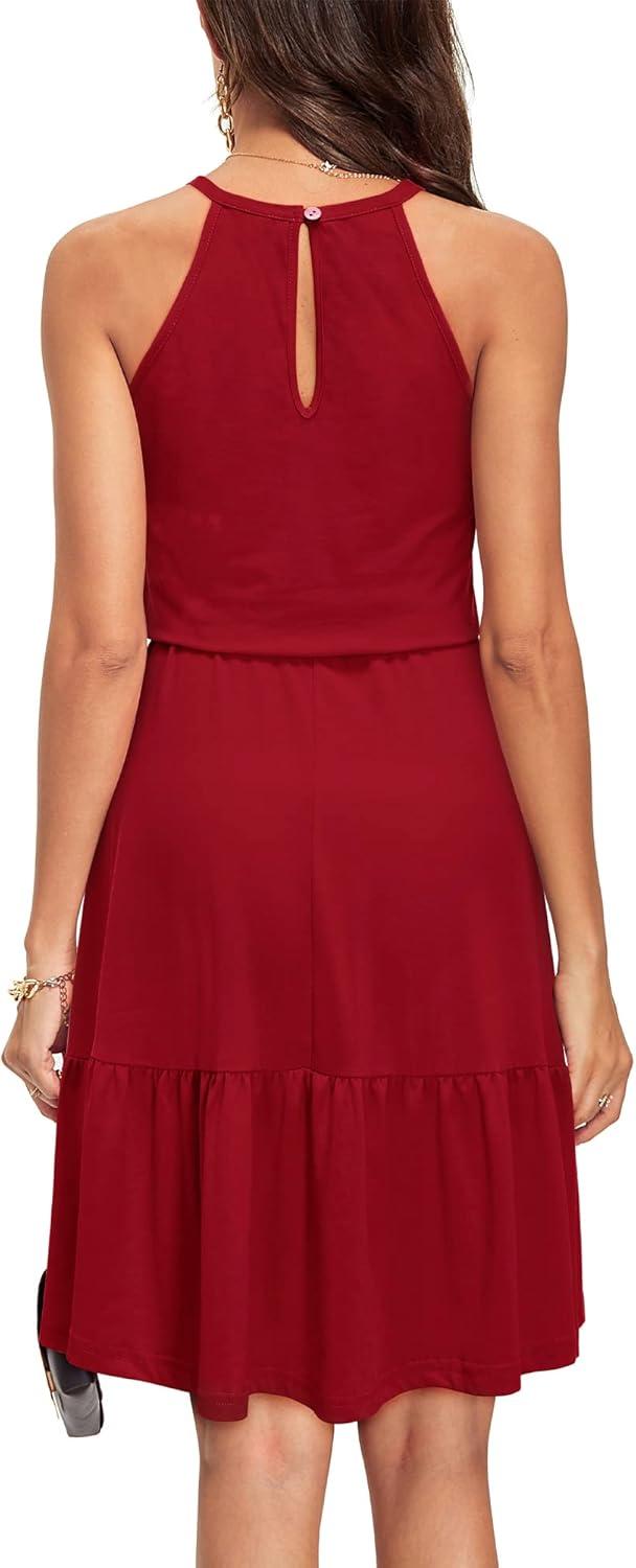 image:imageNewshows Womens 2026 Summer Dress Halter Wedding Guest Casual Beach Vacation Outfits Belted Sundresses with PocketsWine Red