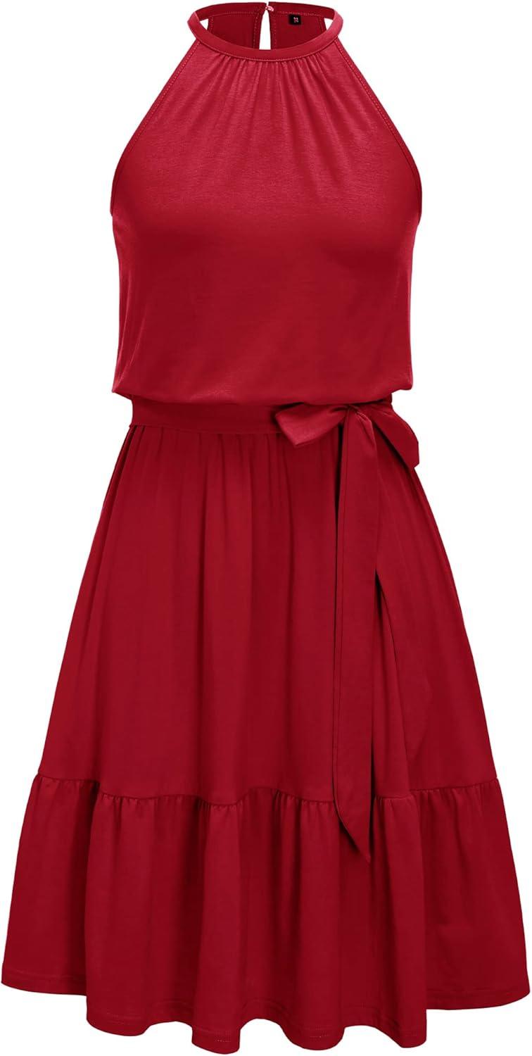 image:imageNewshows Womens 2026 Summer Dress Halter Wedding Guest Casual Beach Vacation Outfits Belted Sundresses with PocketsWine Red