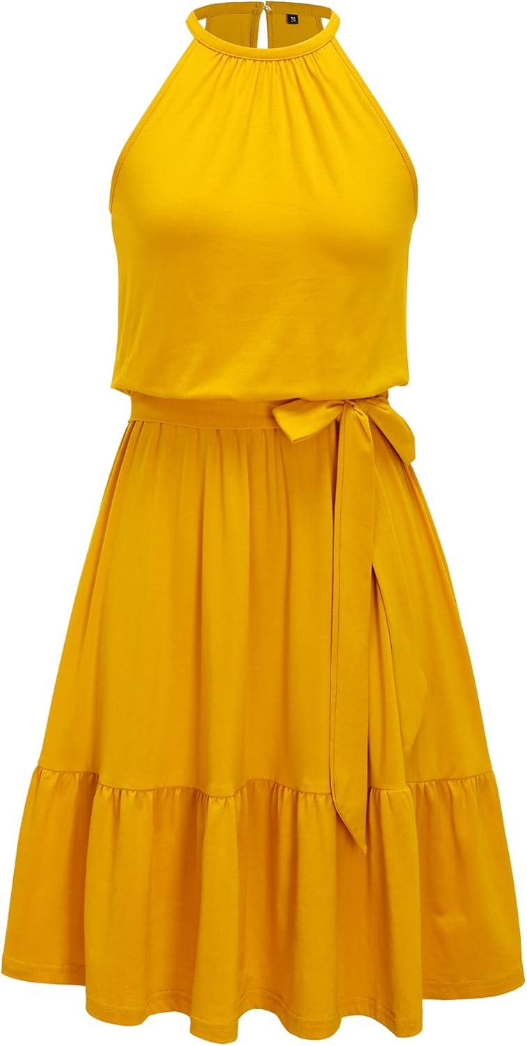 image:imageNewshows Womens 2026 Summer Dress Halter Wedding Guest Casual Beach Vacation Outfits Belted Sundresses with PocketsYellow