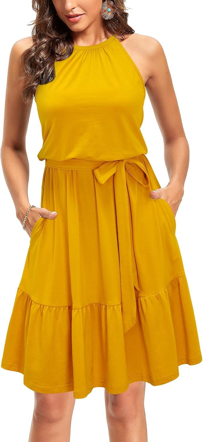 image:imageNewshows Womens 2026 Summer Dress Halter Wedding Guest Casual Beach Vacation Outfits Belted Sundresses with PocketsYellow