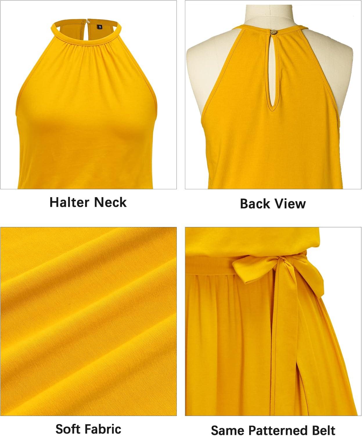 image:imageNewshows Womens 2026 Summer Dress Halter Wedding Guest Casual Beach Vacation Outfits Belted Sundresses with PocketsYellow