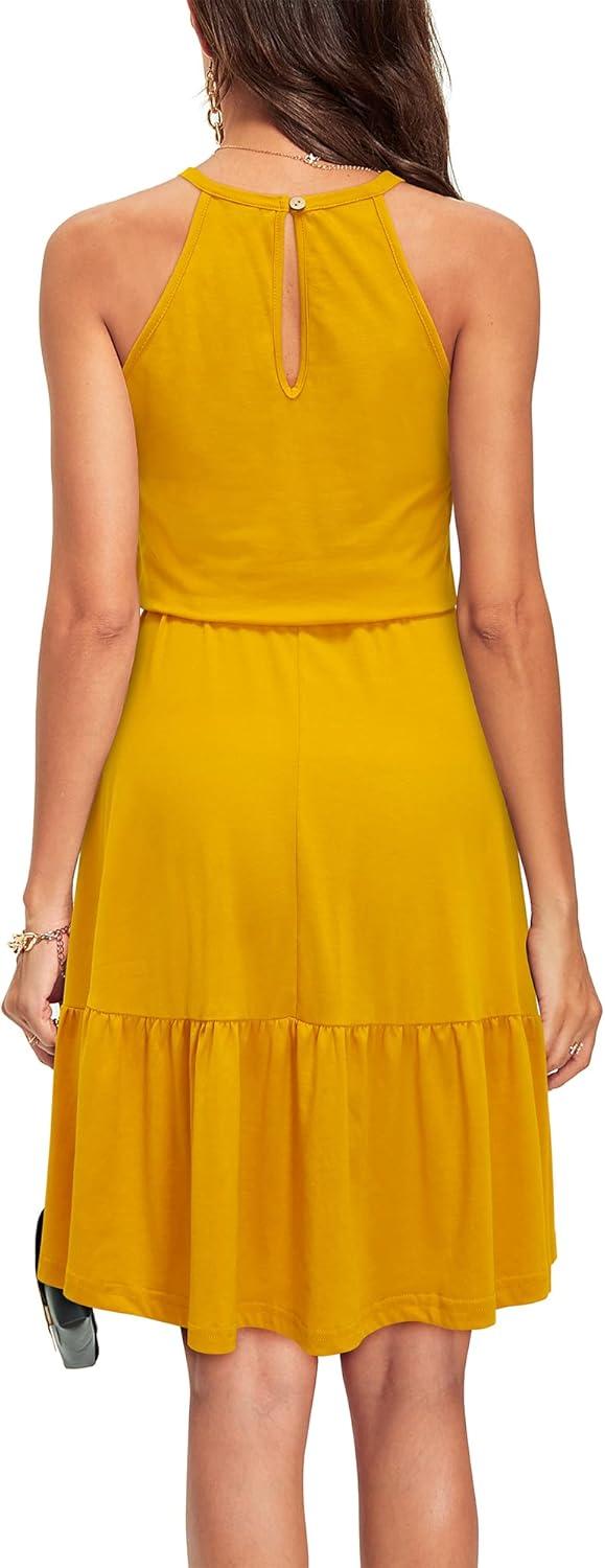 image:imageNewshows Womens 2026 Summer Dress Halter Wedding Guest Casual Beach Vacation Outfits Belted Sundresses with PocketsYellow