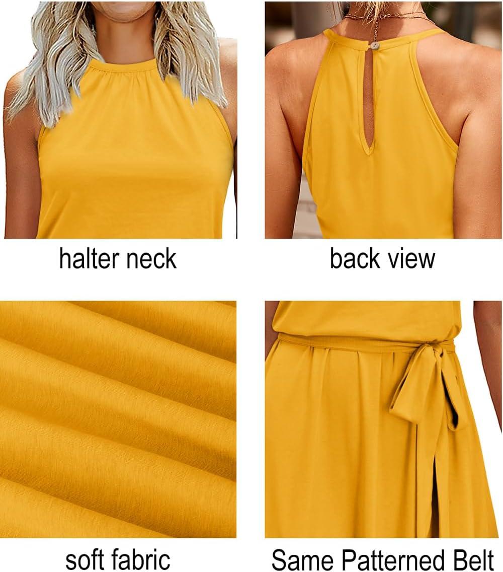 image:imageNewshows Womens 2026 Summer Dress Halter Wedding Guest Casual Beach Vacation Outfits Belted Sundresses with PocketsYellow1