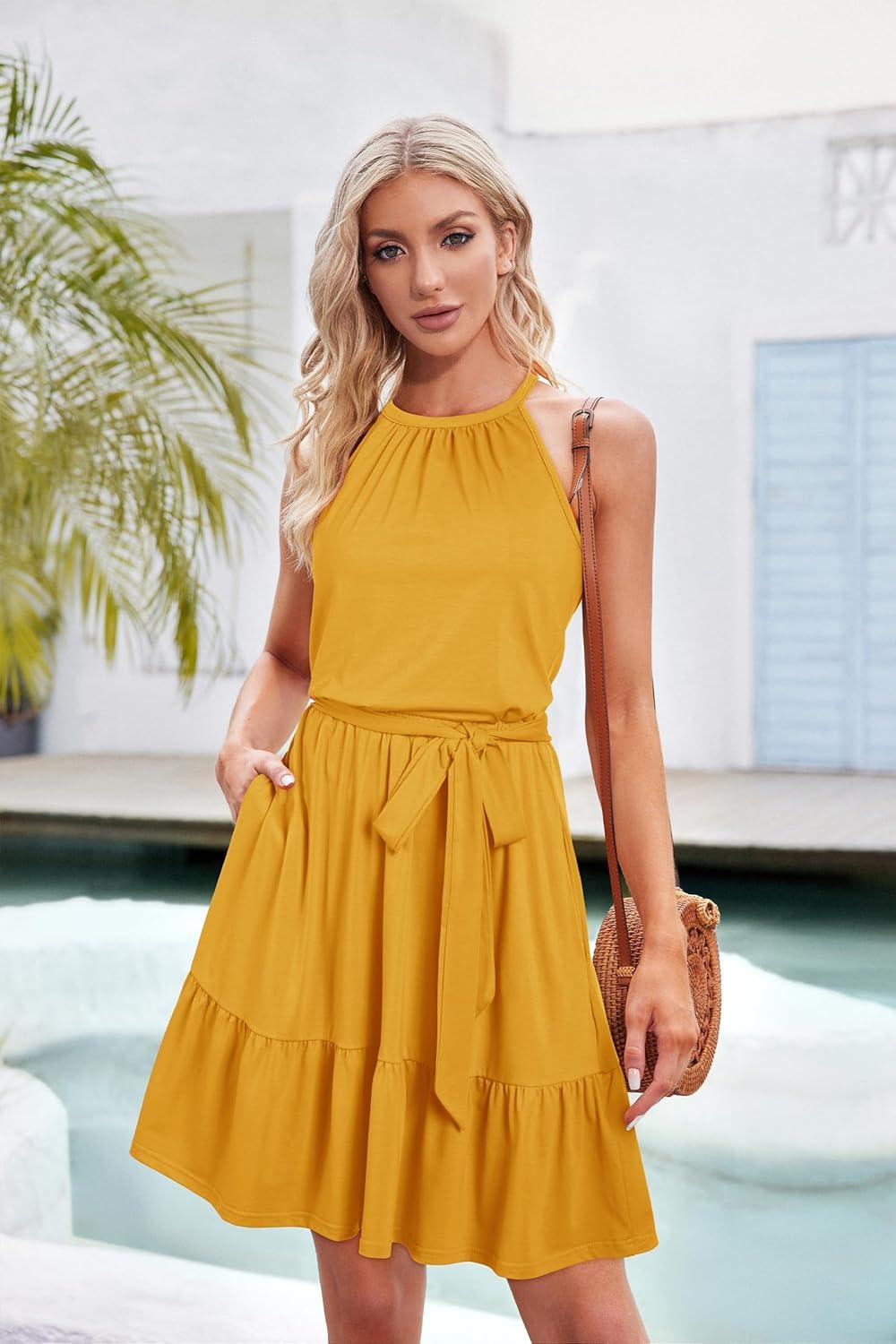 image:imageNewshows Womens 2026 Summer Dress Halter Wedding Guest Casual Beach Vacation Outfits Belted Sundresses with PocketsYellow1