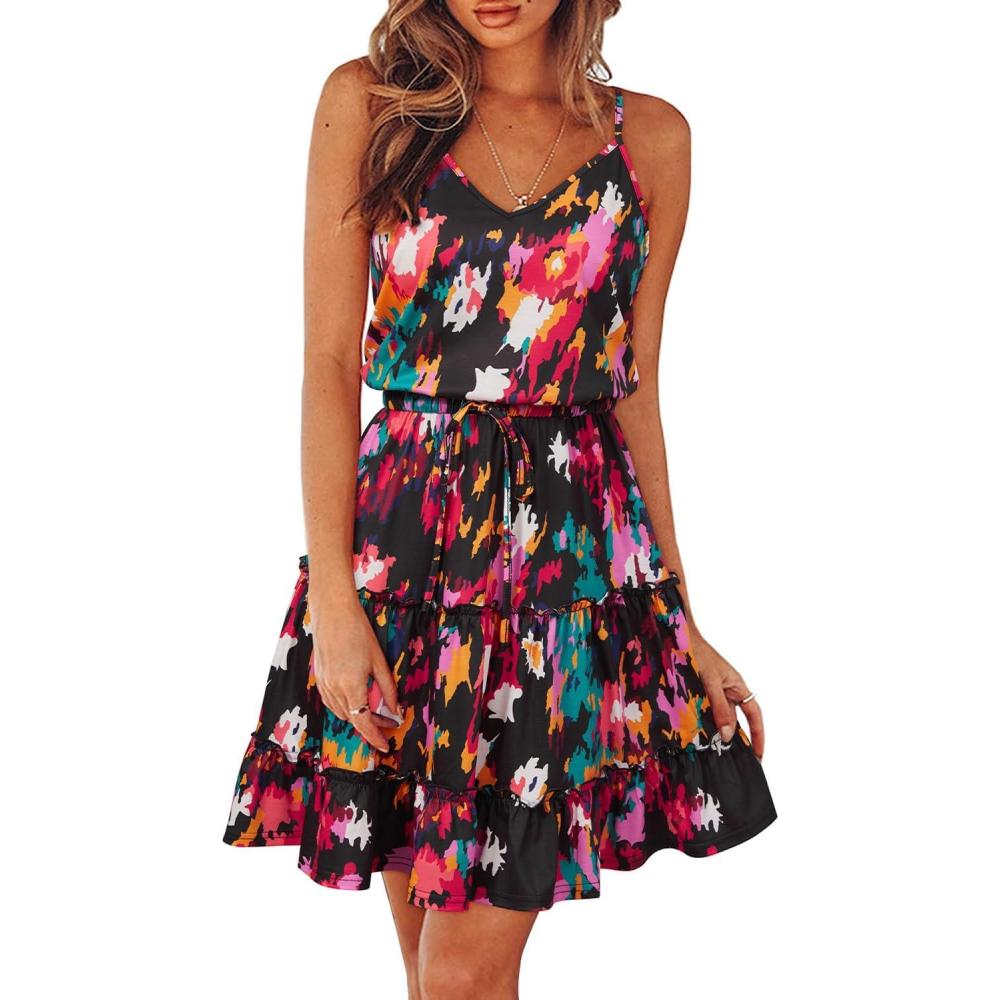 image:imageNewshows Womens 2026 Summer Beach Vacation Drawstring Ruffle Hem A Line Cute SundressBlack Floral Fuzzy