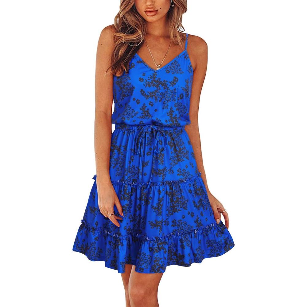 image:imageNewshows Womens 2026 Summer Beach Vacation Drawstring Ruffle Hem A Line Cute SundressBlue Floral Black
