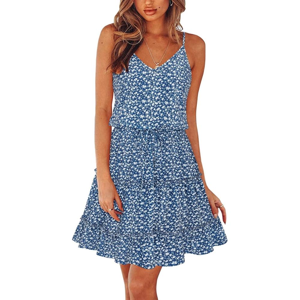 image:imageNewshows Womens 2026 Summer Beach Vacation Drawstring Ruffle Hem A Line Cute SundressBlue Floral White