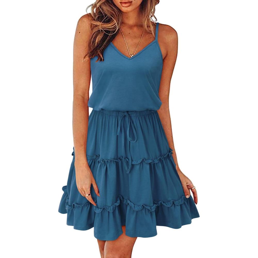 image:imageNewshows Womens 2026 Summer Beach Vacation Drawstring Ruffle Hem A Line Cute SundressBlue1