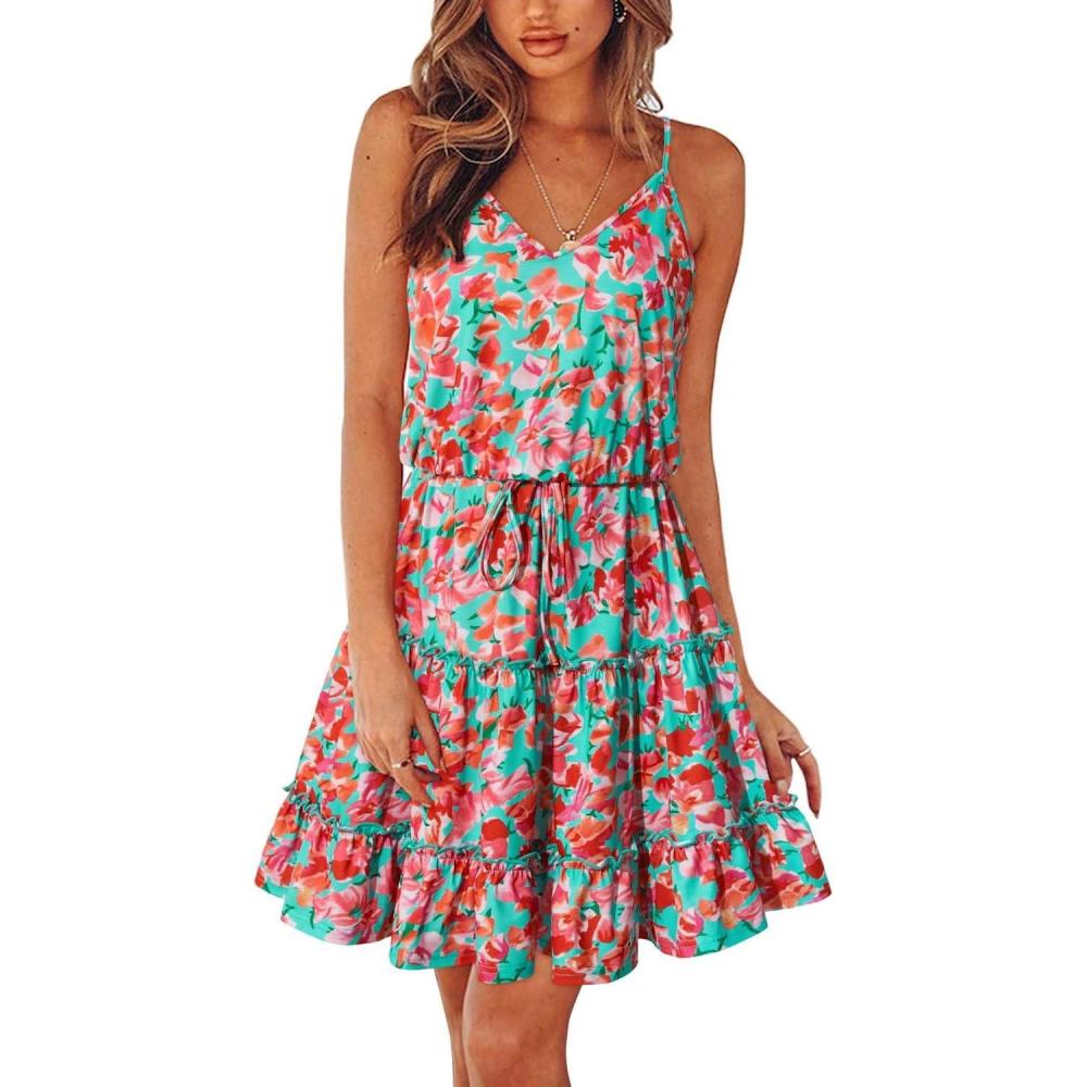image:imageNewshows Womens 2026 Summer Beach Vacation Drawstring Ruffle Hem A Line Cute SundressGreen Floral Red