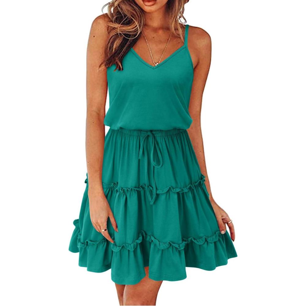image:imageNewshows Womens 2026 Summer Beach Vacation Drawstring Ruffle Hem A Line Cute SundressLake Green