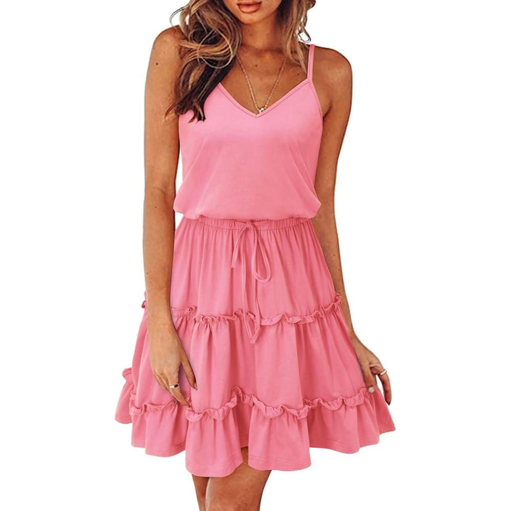 image:imageNewshows Womens 2026 Summer Beach Vacation Drawstring Ruffle Hem A Line Cute SundressPink