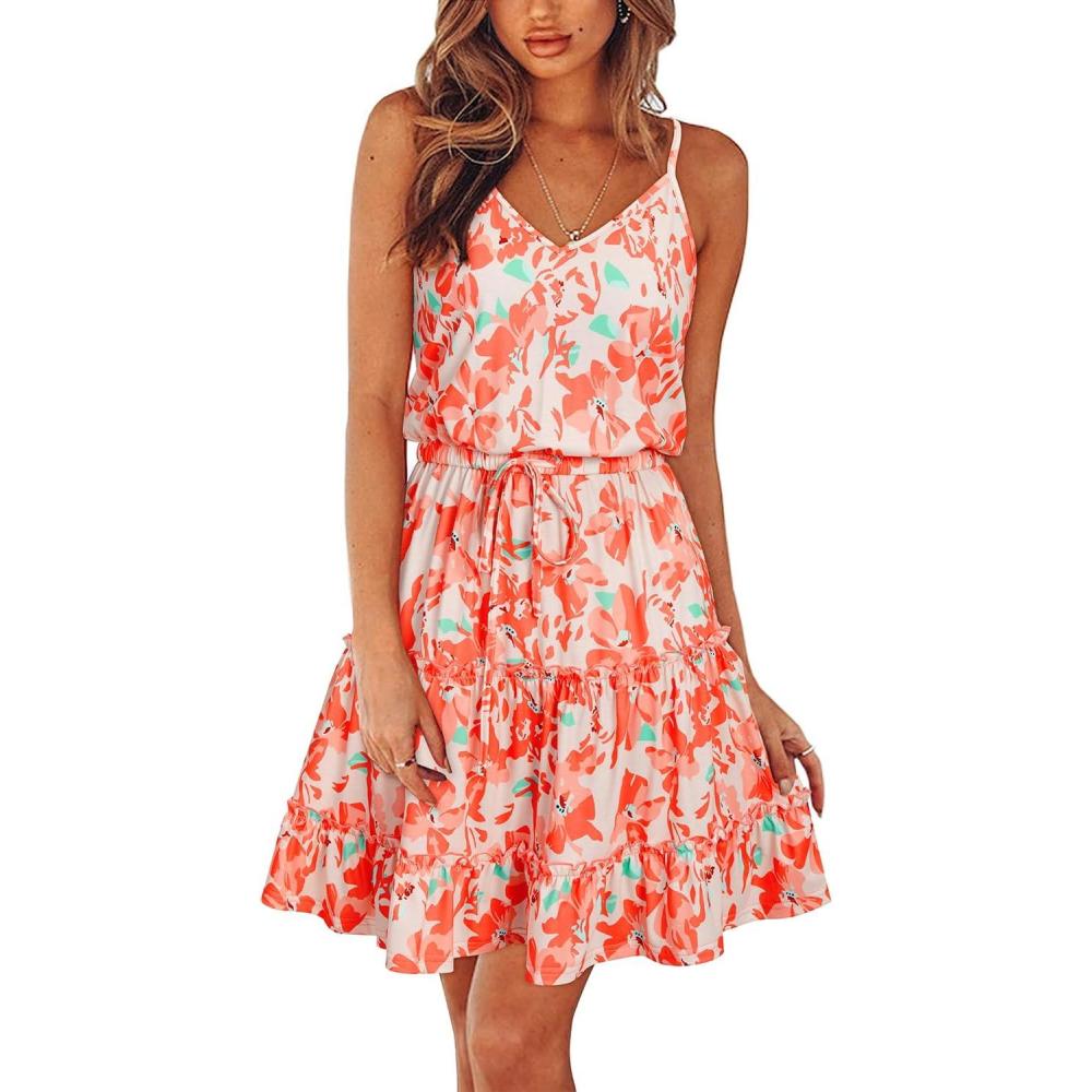 image:imageNewshows Womens 2026 Summer Beach Vacation Drawstring Ruffle Hem A Line Cute SundressPink Floral Red