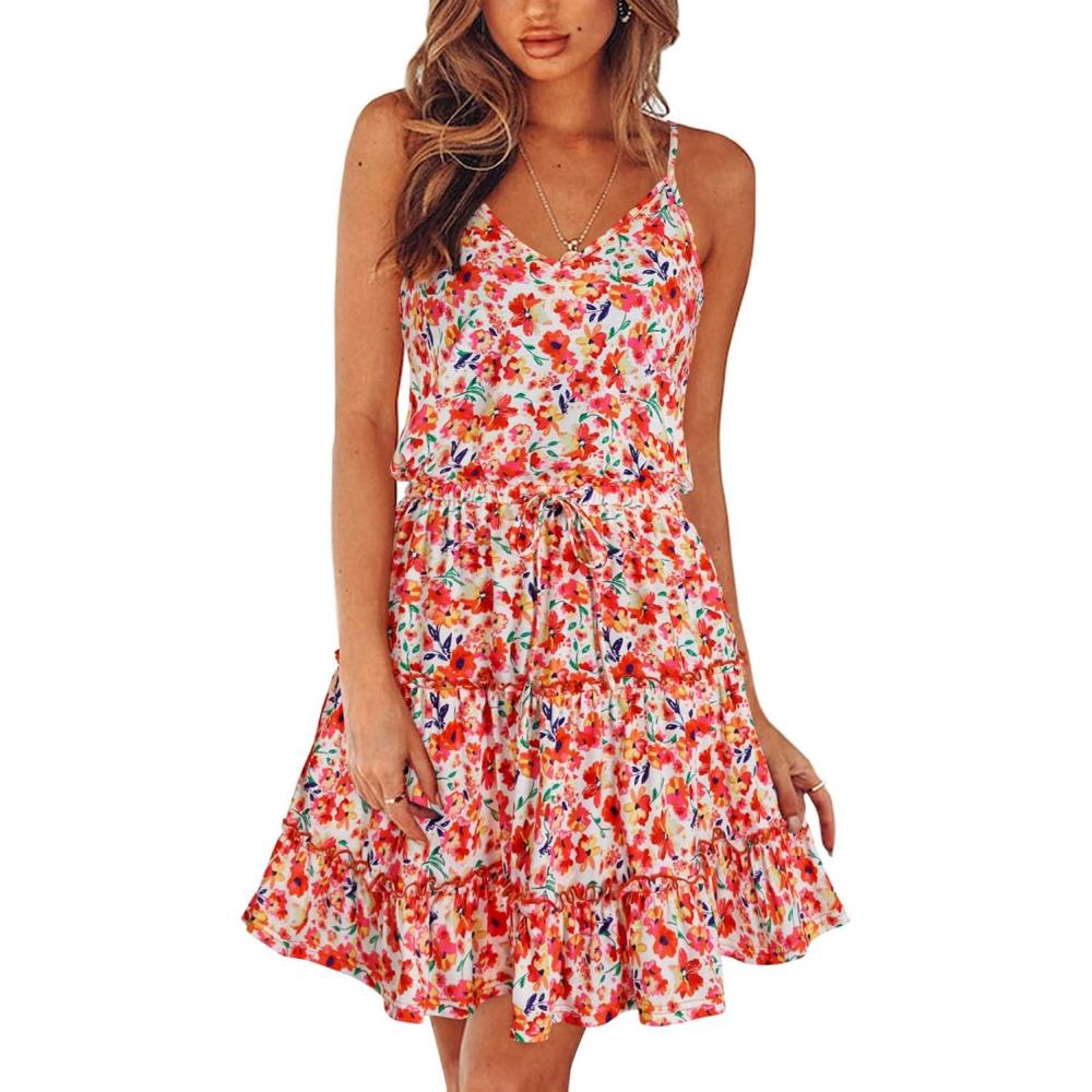 image:imageNewshows Womens 2026 Summer Beach Vacation Drawstring Ruffle Hem A Line Cute SundressRed Floral Purple