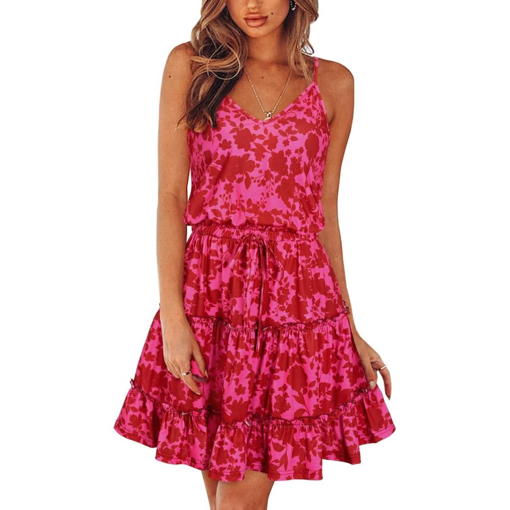image:imageNewshows Womens 2026 Summer Beach Vacation Drawstring Ruffle Hem A Line Cute SundressRose Floral Red