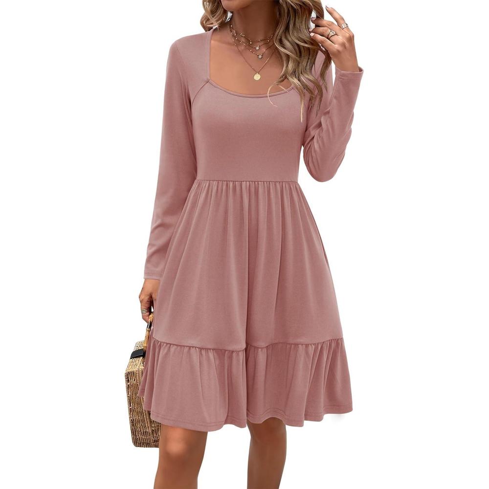 image:imageNewshows Womens 2026 Summer Casual Square Neck Ruffle A Line Beach Vacation Sundress Work Business Dress with Pockets0 Dusty Pink
