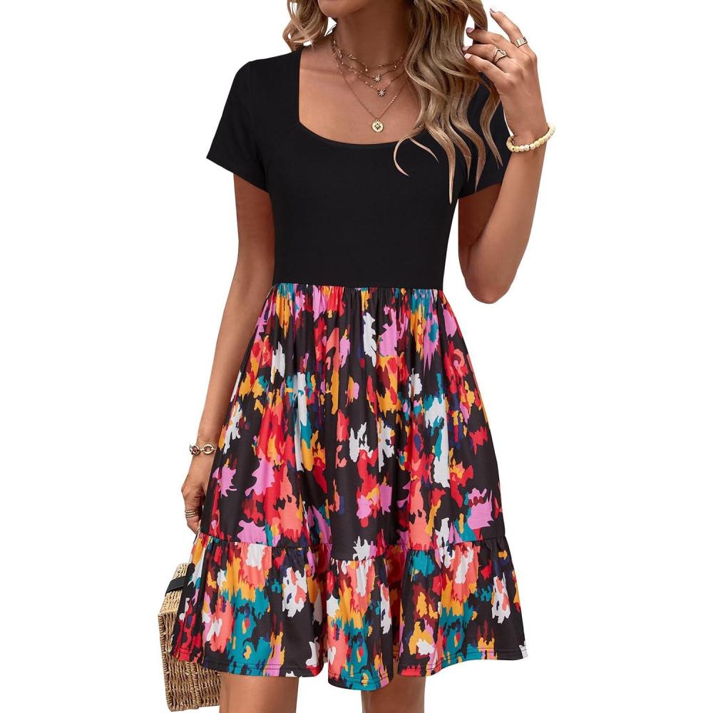 image:imageNewshows Womens 2026 Summer Casual Square Neck Ruffle A Line Beach Vacation Sundress Work Business Dress with PocketsBlack Floral Pink