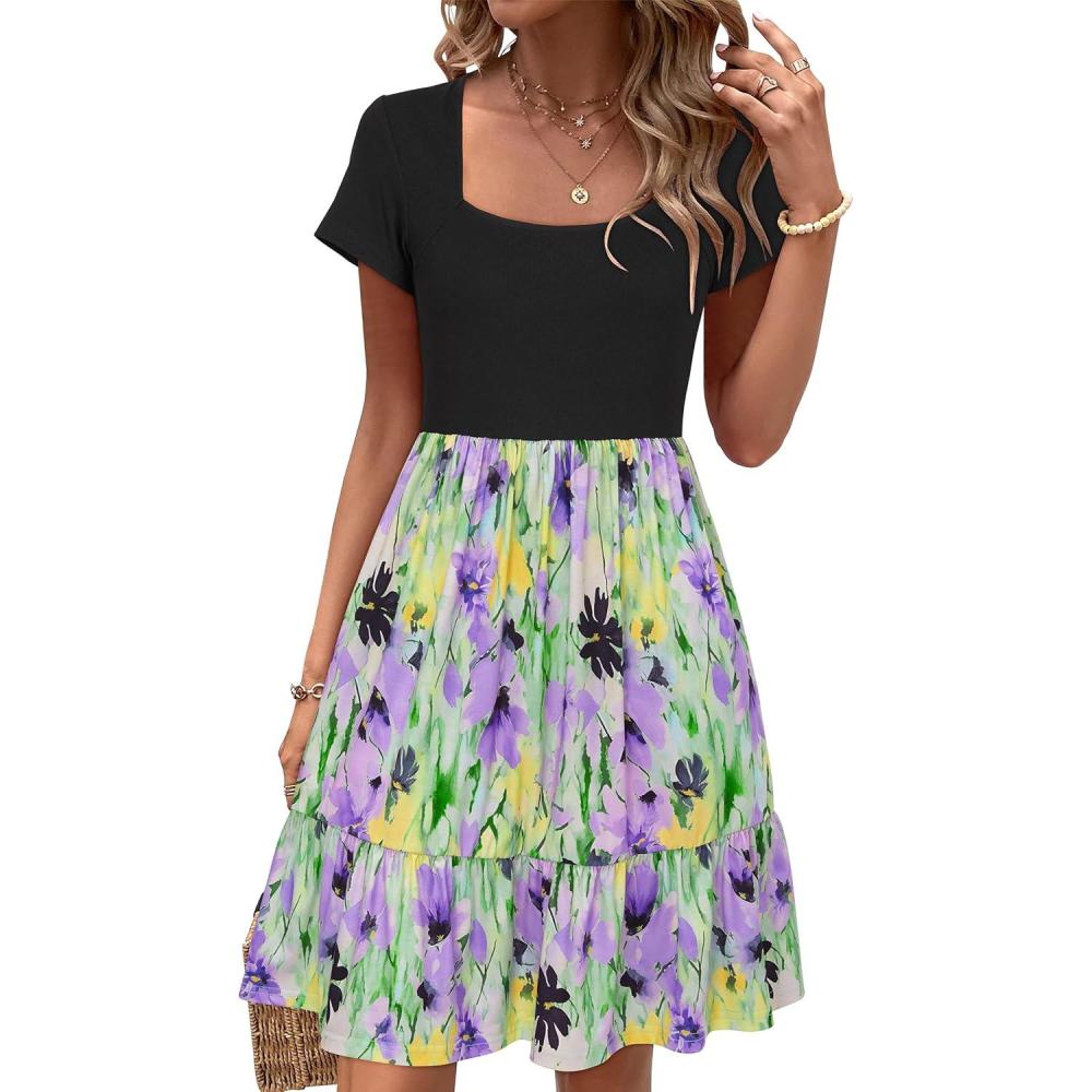 image:imageNewshows Womens 2026 Summer Casual Square Neck Ruffle A Line Beach Vacation Sundress Work Business Dress with PocketsGreen Floral Leaf Purple