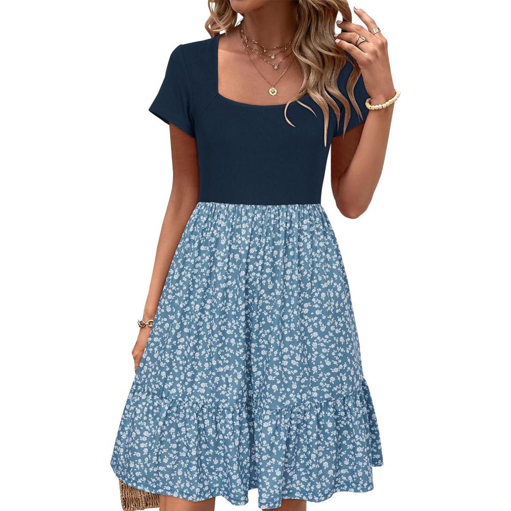 image:imageNewshows Womens 2026 Summer Casual Square Neck Ruffle A Line Beach Vacation Sundress Work Business Dress with PocketsLight Blue Floral White