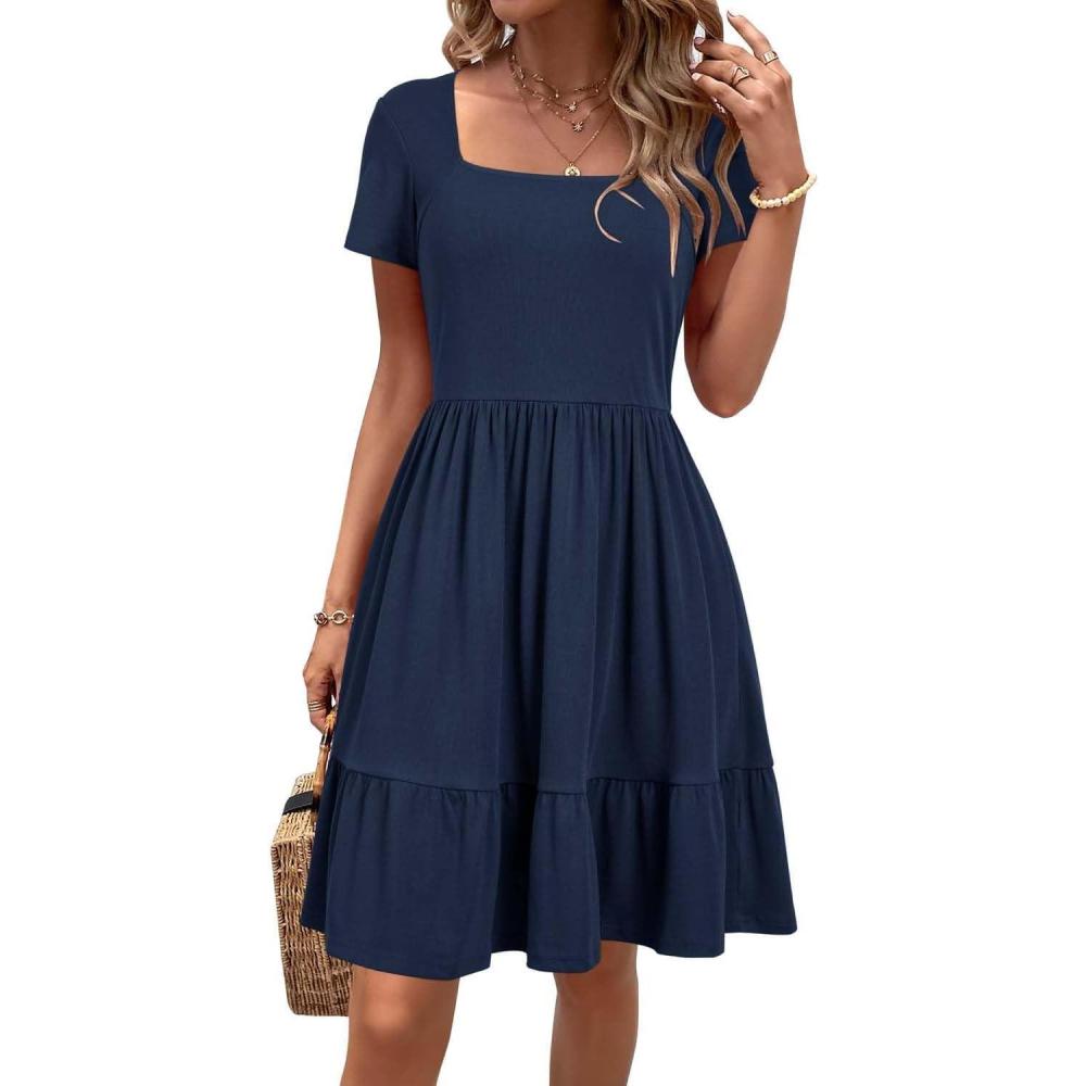 image:imageNewshows Womens 2026 Summer Casual Square Neck Ruffle A Line Beach Vacation Sundress Work Business Dress with PocketsNavy Blue
