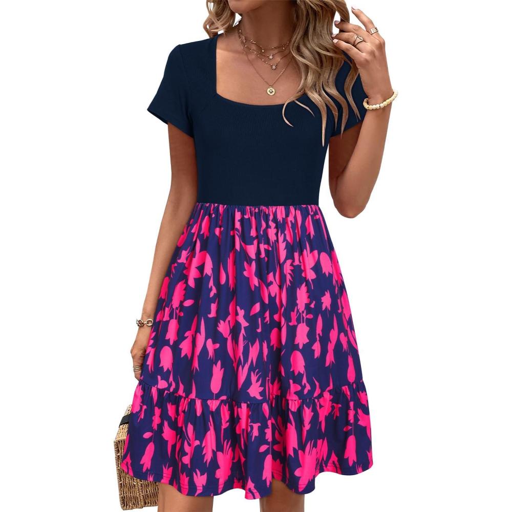 image:imageNewshows Womens 2026 Summer Casual Square Neck Ruffle A Line Beach Vacation Sundress Work Business Dress with PocketsNavy Floral Leaf Pink