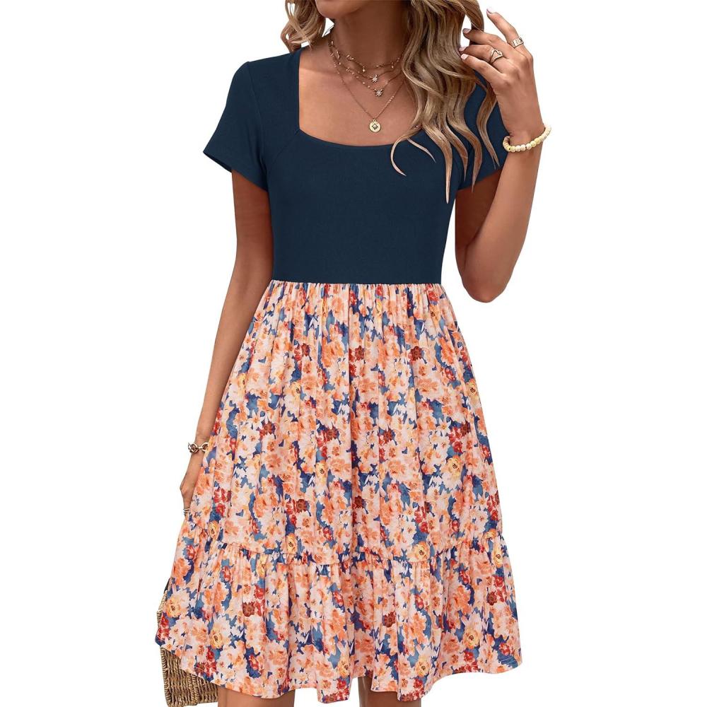 image:imageNewshows Womens 2026 Summer Casual Square Neck Ruffle A Line Beach Vacation Sundress Work Business Dress with PocketsNavy Floral Orange