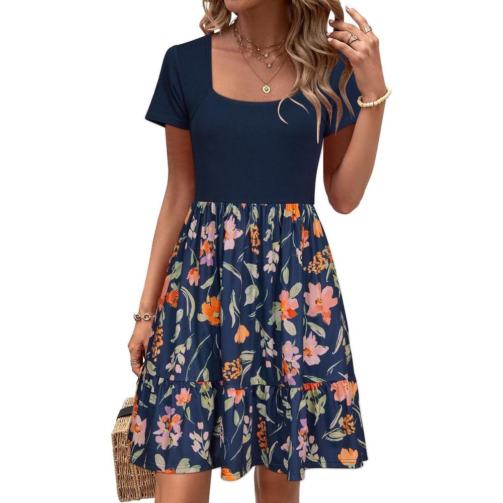 image:imageNewshows Womens 2026 Summer Casual Square Neck Ruffle A Line Beach Vacation Sundress Work Business Dress with PocketsNavy Floral Red