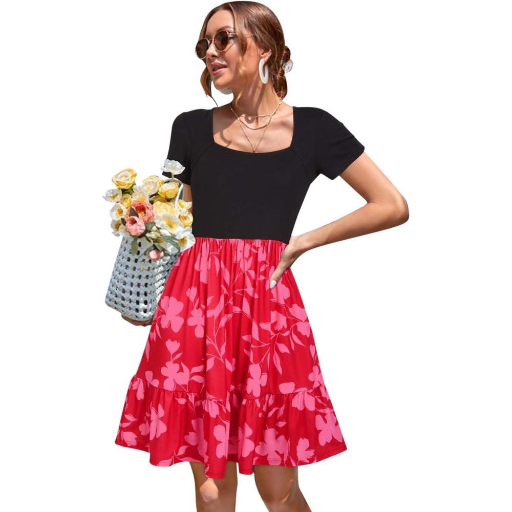 image:imageNewshows Womens 2026 Summer Casual Square Neck Ruffle A Line Beach Vacation Sundress Work Business Dress with PocketsRed Floral Pink