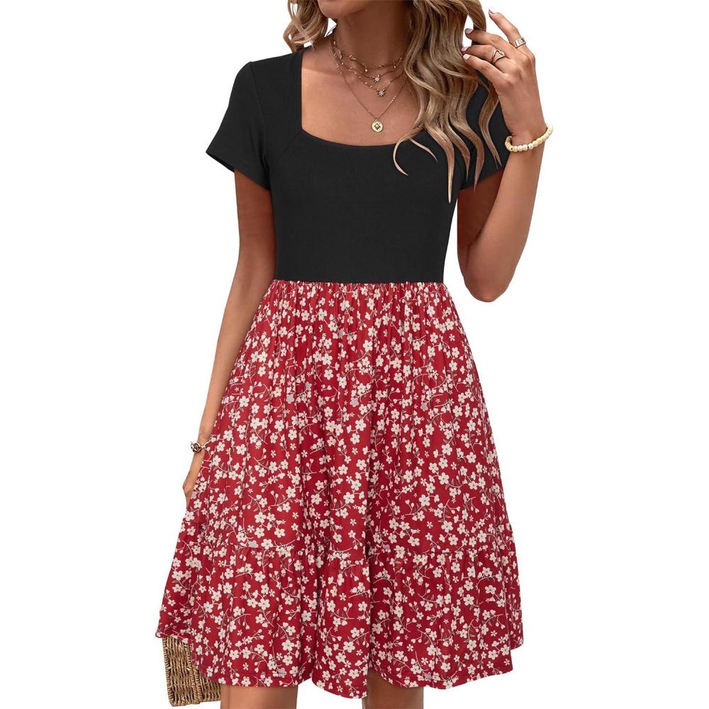 image:imageNewshows Womens 2026 Summer Casual Square Neck Ruffle A Line Beach Vacation Sundress Work Business Dress with PocketsRed Floral White