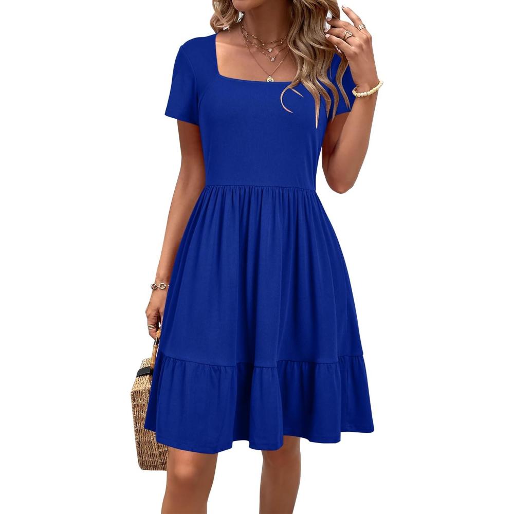 image:imageNewshows Womens 2026 Summer Casual Square Neck Ruffle A Line Beach Vacation Sundress Work Business Dress with PocketsRoyal Blue