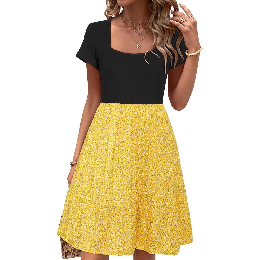 image:imageNewshows Womens 2026 Summer Casual Square Neck Ruffle A Line Beach Vacation Sundress Work Business Dress with PocketsYellow Floral Black